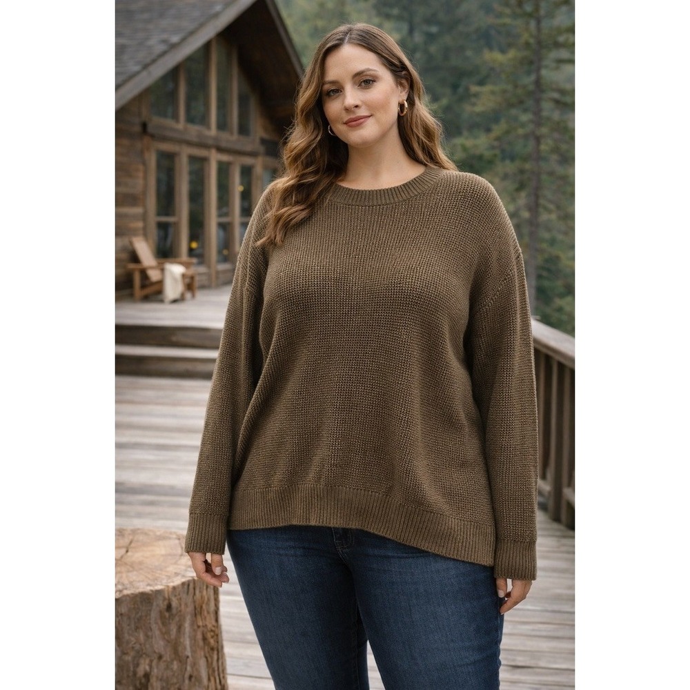 Mutual Weave Mens XXL Olive Green Waffle Knit Crewneck Sweater Cotton‎ Blend